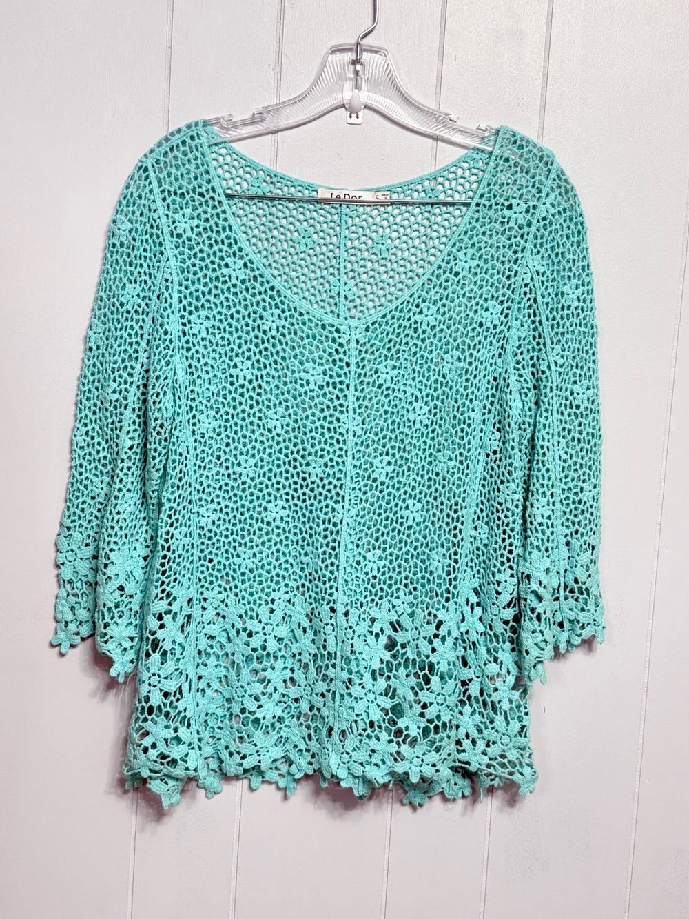 #12)  Aqua Crochet V-Neck Tunic Sweater